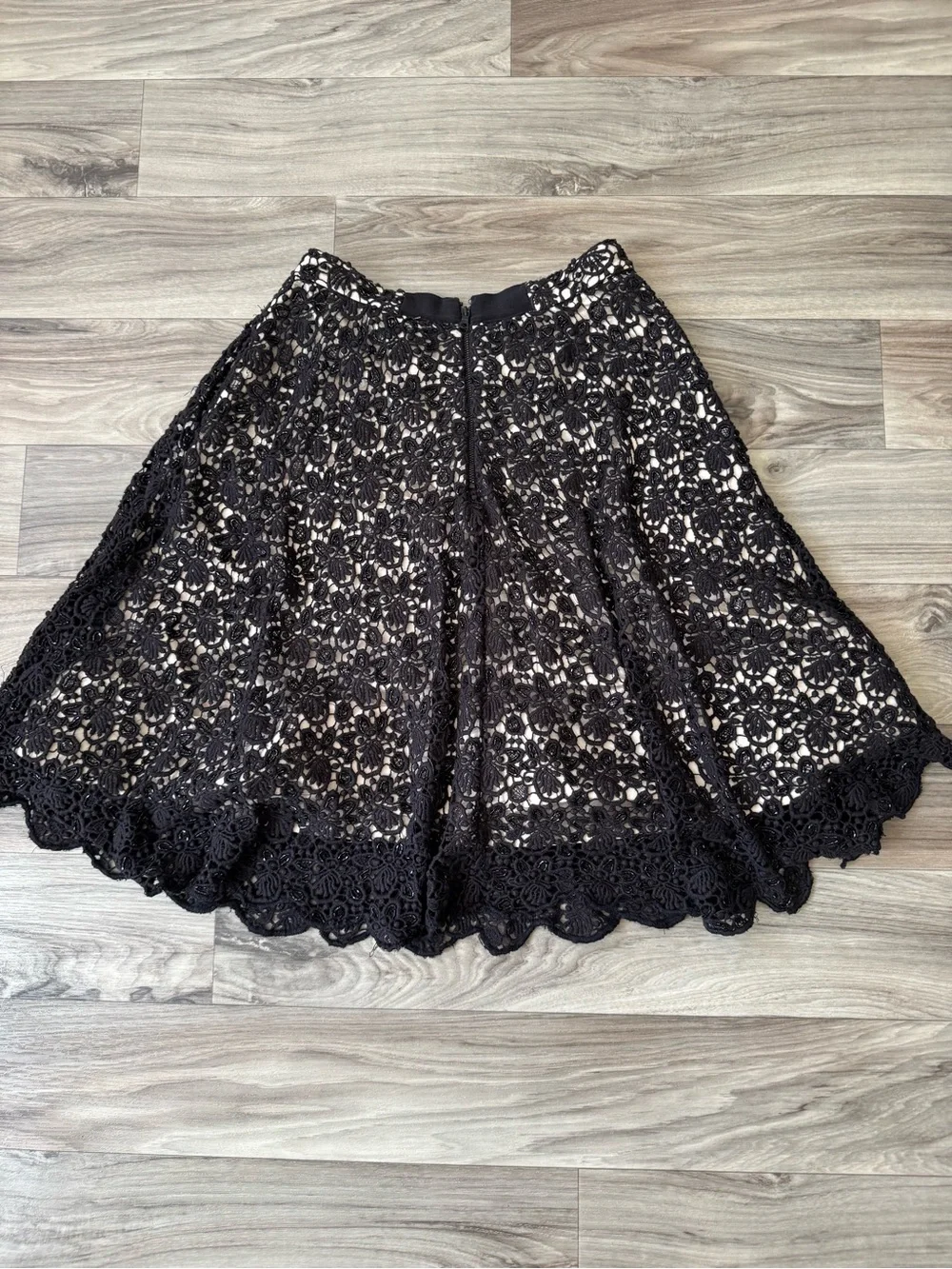 Alice + Olivia A-Line Knee-Length Skirt with Beaded Lace Overlay in Black Size 2